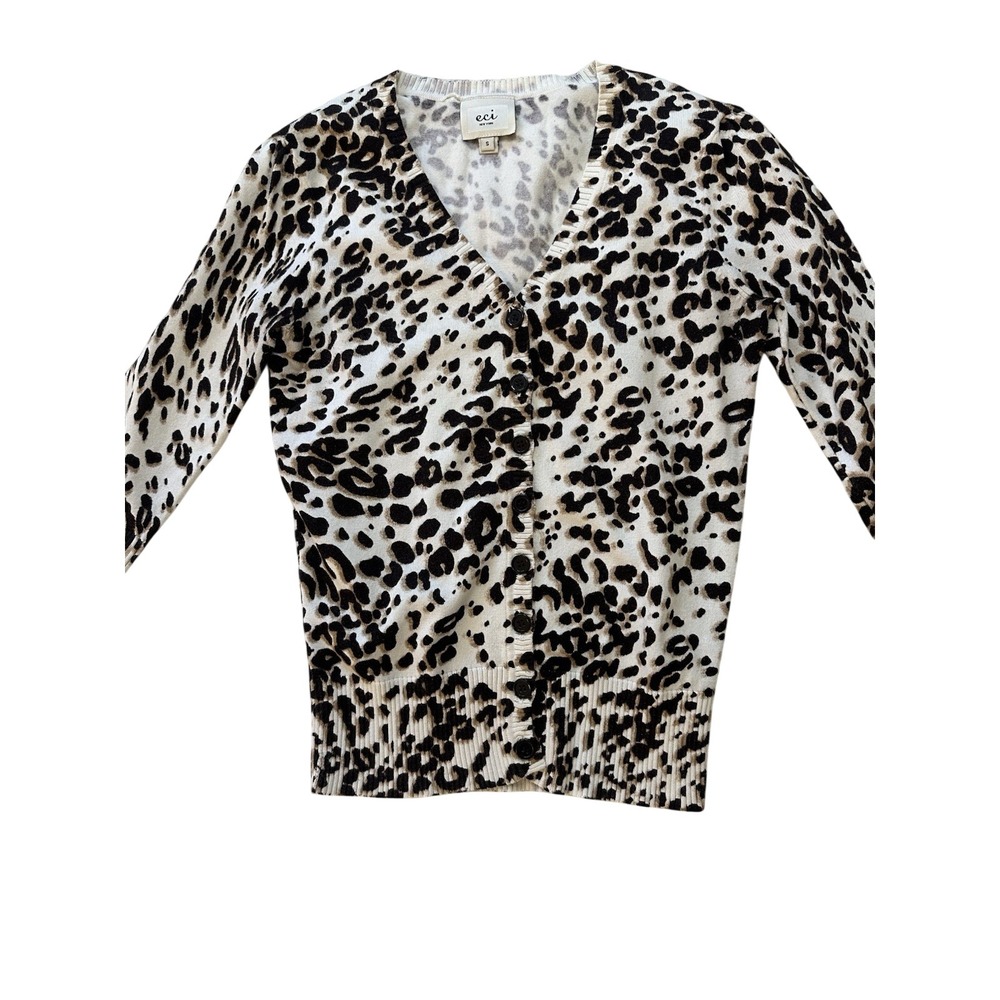 ECI Sz S Animal Print Sweater 3/4 Sleeve Career Cardigan Button Up Knit